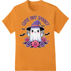 A cute cartoon ghost with flowers on its head, perfect for a spooky yet adorable Halloween direct-to-film transfer print.