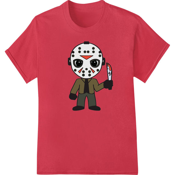 A cute cartoon illustration of the horror movie character Jason in his signature hockey mask, holding a knife.