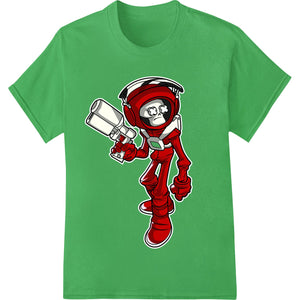 A whimsical graphic featuring a cute, red, angular cartoon robot character in a simple outlined style.