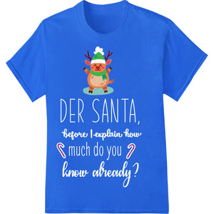 A festive heat transfer design featuring a cute reindeer wearing an elf hat, suitable for Christmas apparel printing.