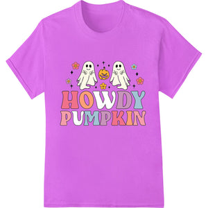 Cute design featuring ghost cowboys riding a pumpkin, with text 'Howdy Pumpkin' - perfect for Halloween DTF printing.