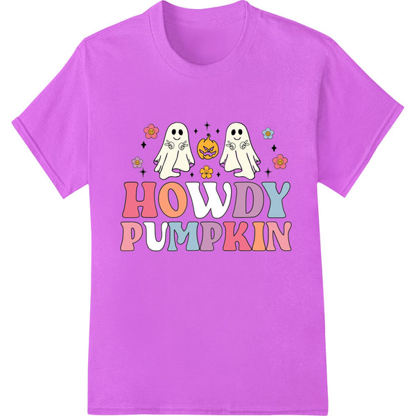 Cute design featuring ghost cowboys riding a pumpkin, with text 'Howdy Pumpkin' - perfect for Halloween DTF printing.