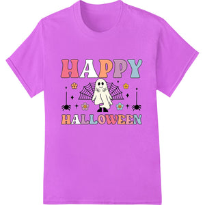 A cute illustration of a smiling ghost and jack-o-lantern pumpkin with the text 'Happy Halloween' in a fun font style.