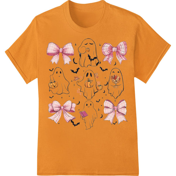 Cute cartoon ghost clipart with bows and Halloween theme, perfect for DTF heat transfer prints on t-shirts and apparel.