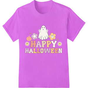 Cute cartoon ghost with pumpkin and tree friends design, perfect for kid's Halloween shirts or baby onesies.