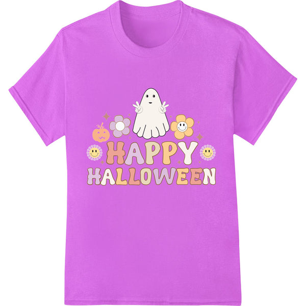 Cute cartoon ghost with pumpkin and tree friends design, perfect for kid's Halloween shirts or baby onesies.