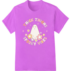 A cute ghost design with the text 'Thick Thighs Spooky Vibes' perfect for Halloween-themed custom apparel and t-shirts.