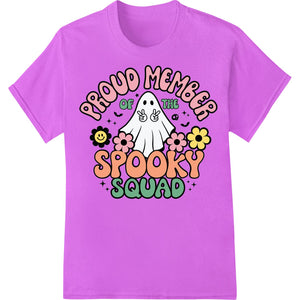 Cute cartoon ghost characters in purple, green and orange on a black background for a Halloween-themed direct to film print