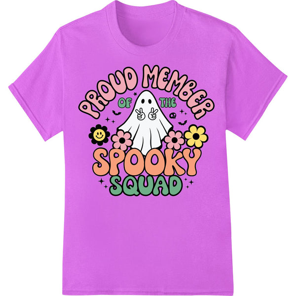 Cute cartoon ghost characters in purple, green and orange on a black background for a Halloween-themed direct to film print