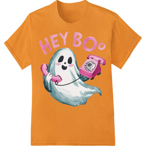 A playful cartoon ghost graphic with the words 'HEY BOO' printed using the direct-to-film (DTF) heat transfer method