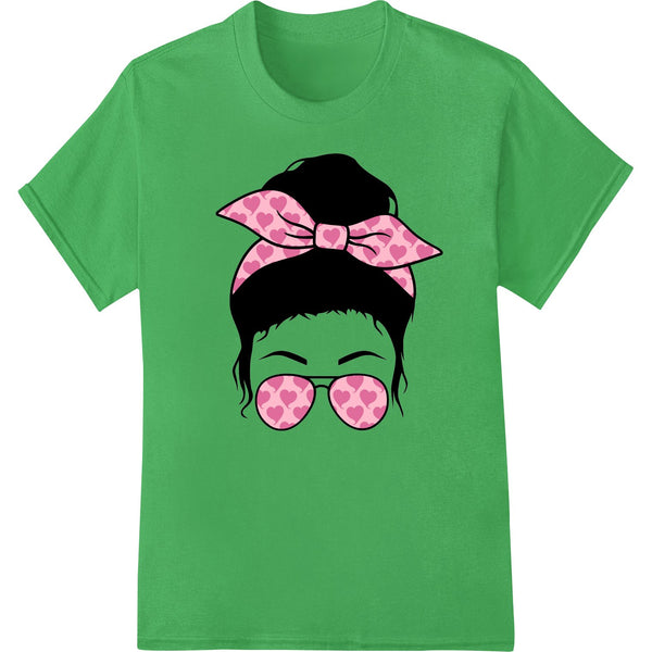 A cute cartoon girl's face with pink heart-shaped sunglasses, designed as a DTF (Direct to Film) print for heat transfer.