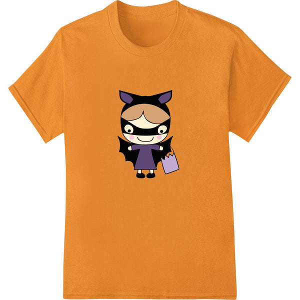 Black bat character with big eyes and friendly expression, DTF heat transfer print for custom Halloween apparel.