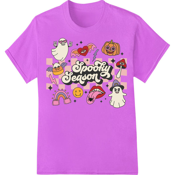 Cute Halloween doodle design featuring pumpkins, ghosts, bats and other spooky season elements in a colorful cartoon style.