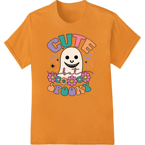 A cartoon ghost holding a piece of candy corn, with a smiling happy expression. Cute Halloween design for DTF printing.