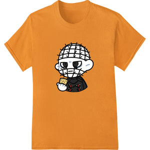 Cartoon style illustration of Pinhead from Hellraiser movies in a cute horror Halloween theme DTF print design.