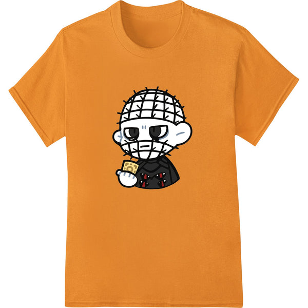 Cartoon style illustration of Pinhead from Hellraiser movies in a cute horror Halloween theme DTF print design.