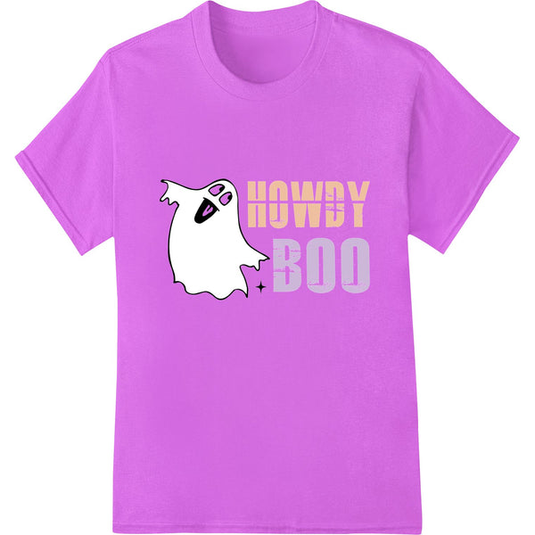 Cute smiling ghost character with the text 'HOWDY BOO' in a playful font, perfect for Halloween or spooky season apparel...