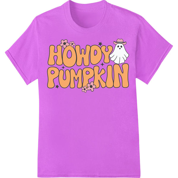 A cute ghost cowboy design with the text 'Howdy Pumpkin' in an orange pumpkin font, perfect for Halloween DTF printing.