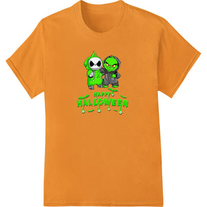 A colorful design featuring cute monster characters celebrating Halloween with pumpkins and candy.