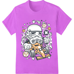 Cartoon illustration of a cute Stormtrooper character from Star Wars holding a blaster, designed as a DTF print for heat...