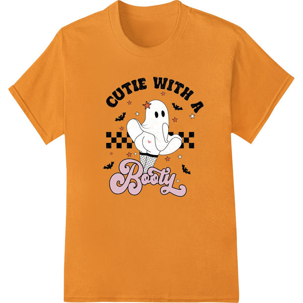 Cartoon ghost design with cute expression and text 'Cutie with a Booty' perfect for Halloween DTF printing on t-shirts