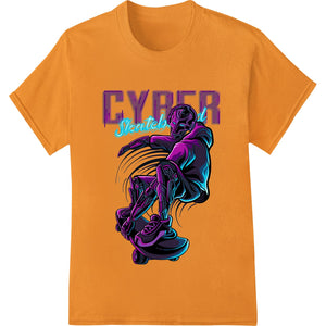 Futuristic neon design of a skater in a cyberpunk style, surrounded by glowing digital accents for DTF printing on apparel.