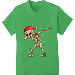 A dabbing skeleton figure in a Santa Claus outfit, designed for direct-to-film printing on t-shirts and apparel.