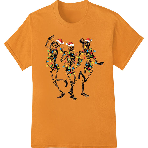 A vibrant DTF print design featuring dancing skeletons dressed in Santa hats and ugly Christmas sweaters, surrounded by...