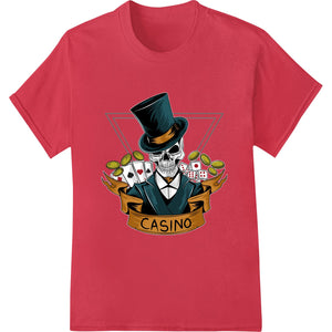 Vector graphic of an edgy skull wearing a hat and sunglasses, with casino chips and playing cards in the background.