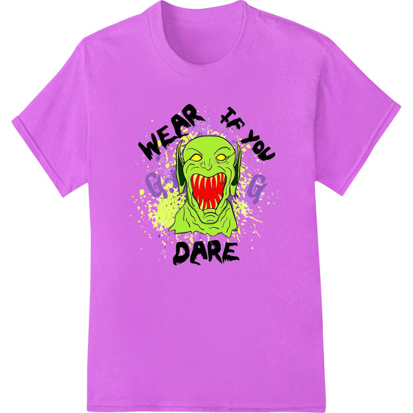 Colorful digital image of a fearsome monster face with horns and sharp teeth, suitable for heat transfer on t-shirts and...