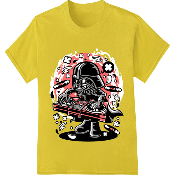 Darth Vader DJ design showing the iconic Sith Lord spinning records with a DJ mixer and two stormtrooper dancers