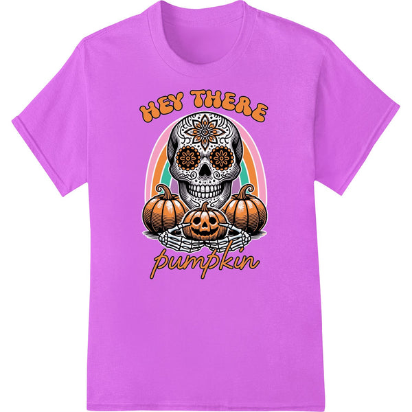 A vibrant Day of the Dead inspired sugar skull design with a pumpkin motif, perfect for Halloween DTF prints and heat...