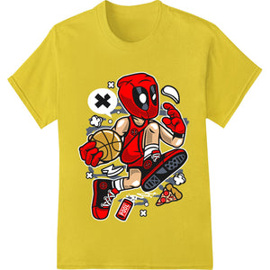 A cool graphic design featuring Deadpool, the Marvel antihero, holding a basketball in a slam dunk motion for DTF printing.