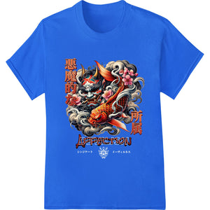 Fiery Japanese-style koi fish with demon horns splashing in waves - DTF print design for custom apparel and t-shirt printing