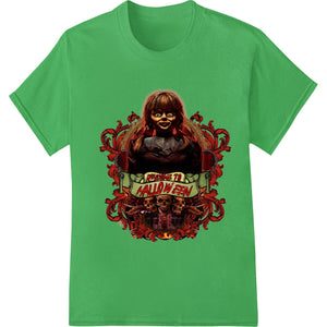 Demonic doll face with green glowing eyes and stitched mouth design DTF heat transfer print for custom Halloween apparel