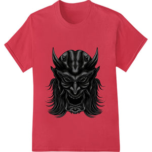 A red and black demonic face heat transfer design with horns and a menacing expression, perfect for horror and gothic...