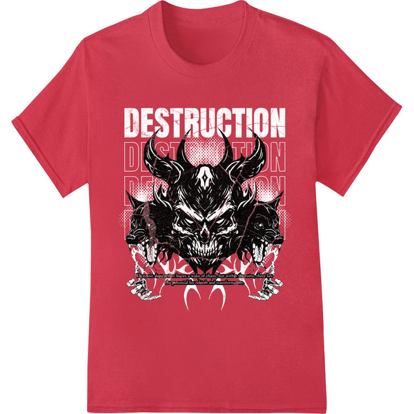 Demonic Skull Horror DTF print heat transfer design featuring a creepy skull with horns against a dark background.