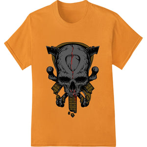 Edgy skull graphic with guns heat transfer design for custom apparel and t-shirt printing using Direct to Film (DTF)...