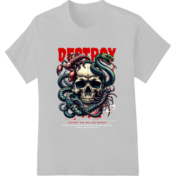 Venomous skull design with 'Destroy the Old You' text, suitable for Direct to Film (DTF) heat transfer printing on apparel.