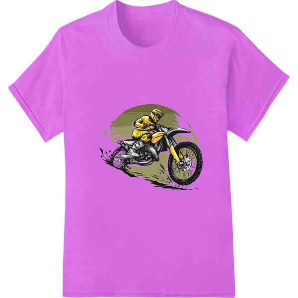 Motocross dirt bike rider kicking up dust in a thrilling jump on a racetrack against a vibrant background.