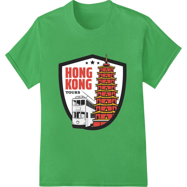 Heat transfer design featuring Hong Kong's iconic tram and skyline tower against a colorful background for custom t-shirt...