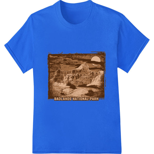 Stunning heat transfer design featuring the rugged landscapes and rock formations of Badlands National Park.