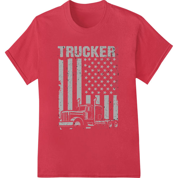 Distressed red, white and blue 'TRUCKER' text design with stars - a patriotic DTF print transfer for custom apparel