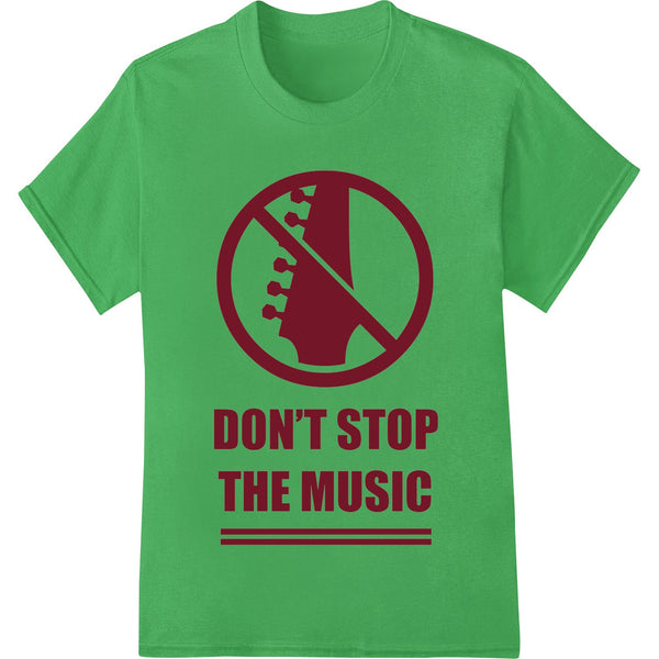 Bold red electric guitar graphic with 'Don't Stop The Music' text, suitable for heat press and direct-to-film t-shirt...