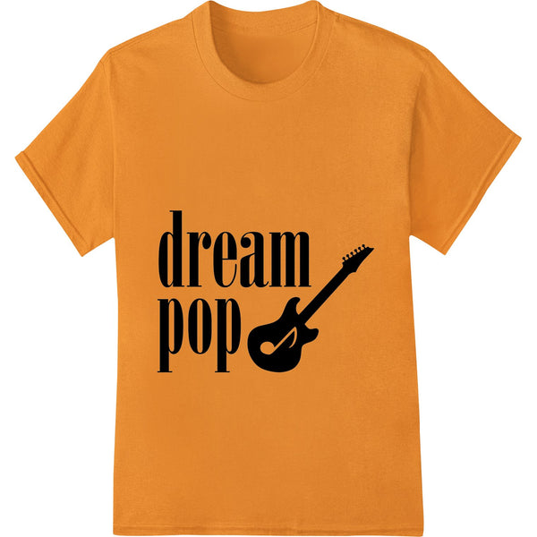 Black t-shirt with a stylized electric guitar graphic in shades of pink and purple, giving an ethereal dream pop vibe