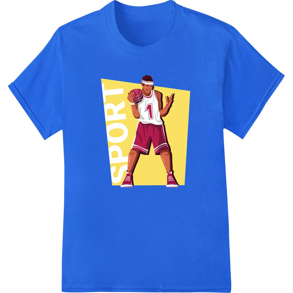 A colorful DTF print transfer design featuring a dynamic basketball player making a jump shot with splashes of color.