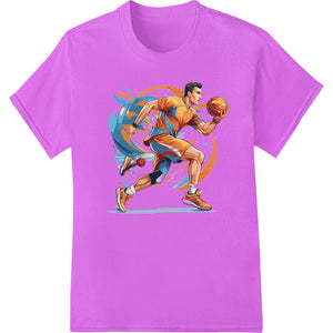 Vector illustration of a vibrant basketball player figure in an athletic pose, dribbling the ball on a colorful background.