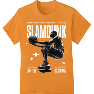 A bold black and white silhouette design of a basketball player in an intense motion of shooting or dunking the ball.