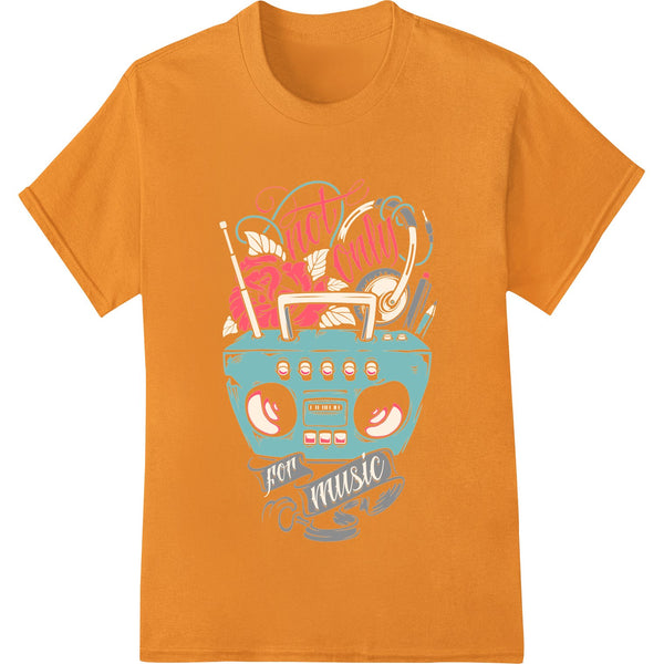 Retro-inspired design featuring the phrase 'Eat Cake Not Music' with musical notes and cake slices in a vintage style.