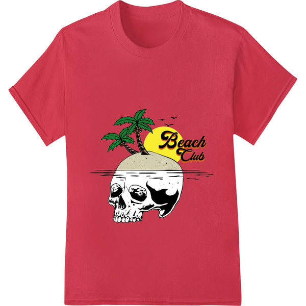 Skull Island Beach Club design with edgy skull and crossbones graphics in red, black, and white for DTF heat transfer...